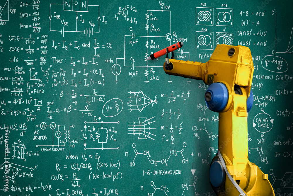 Robot arm AI analyzing mathematics for mechanized industry problem solving . Concept of robotics tec