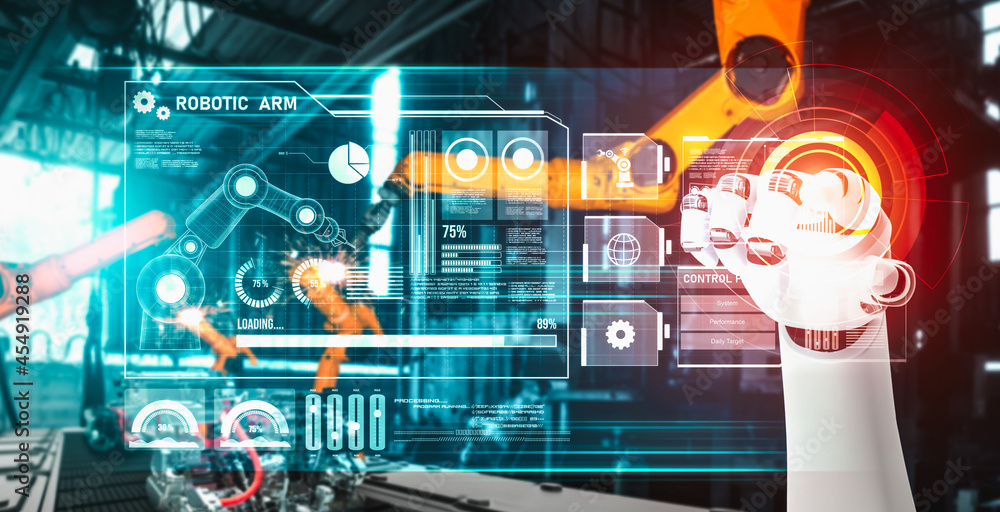 Mechanized industry robot and robotic arms for assembly in factory production . Concept of artificia