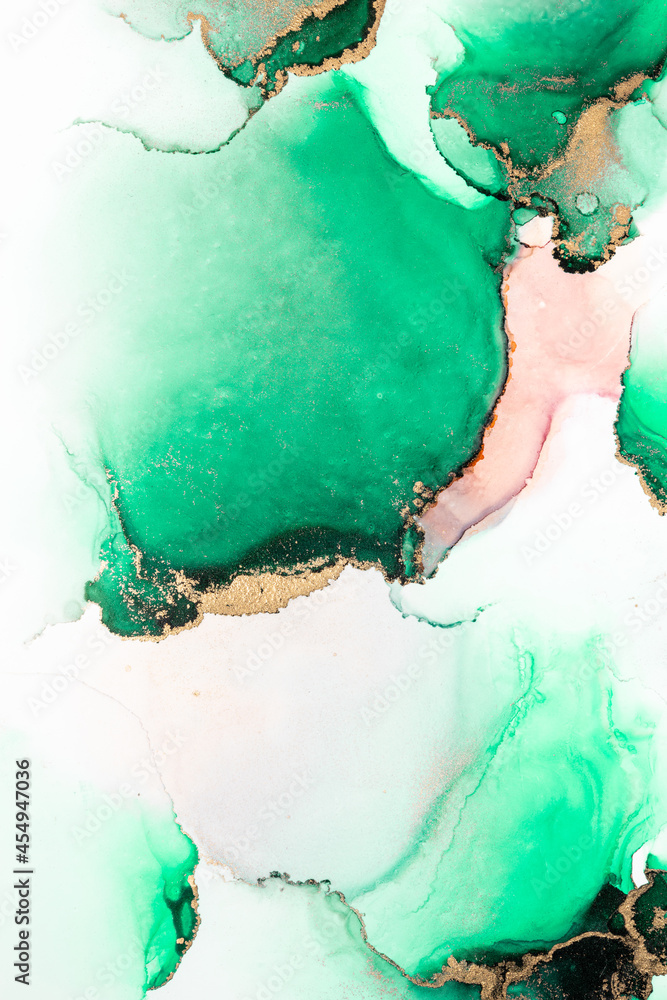 Green gold abstract background of marble liquid ink art painting on paper . Image of original artwor