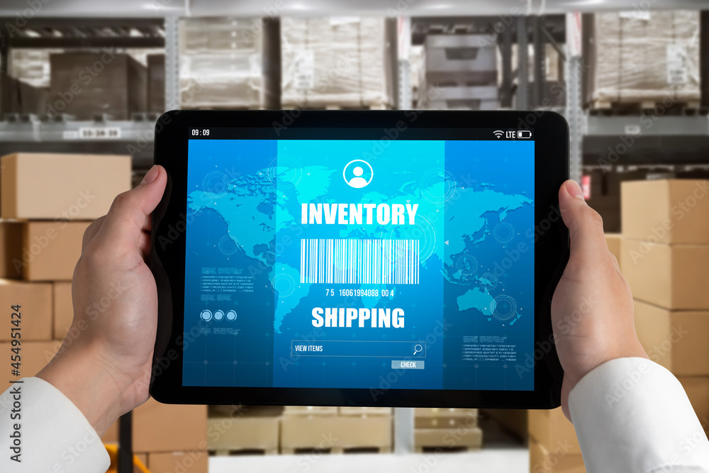 Warehouse management innovative software in computer for real time monitoring of goods package deliv