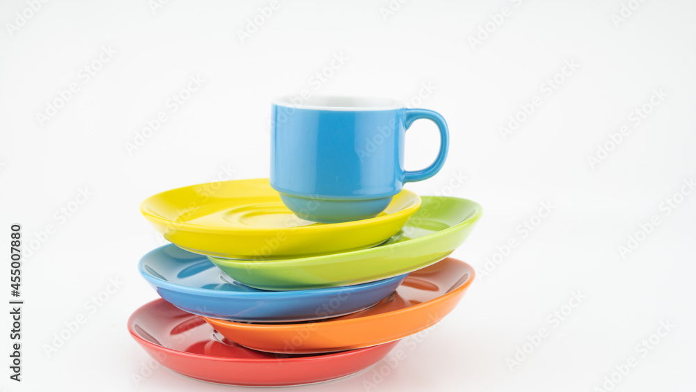 Colorful coffee cup on colorful paper background A lot of cups for coffee and tea in coffee shop Foo