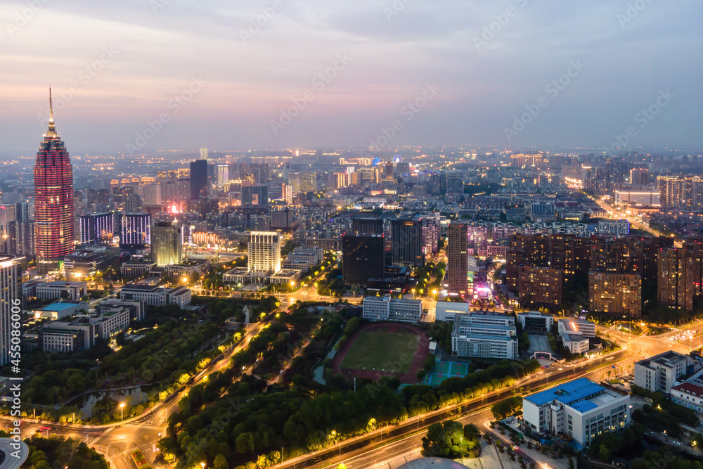 Aerial photography Changzhou city building skyline night view