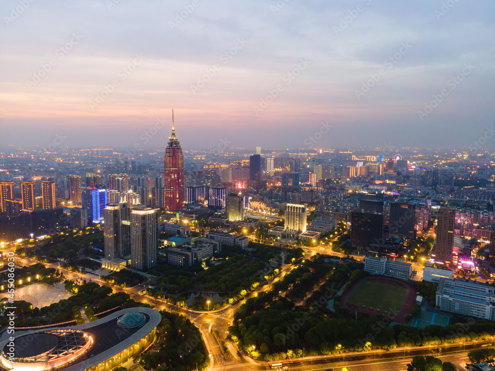 Aerial photography Changzhou city building skyline night view