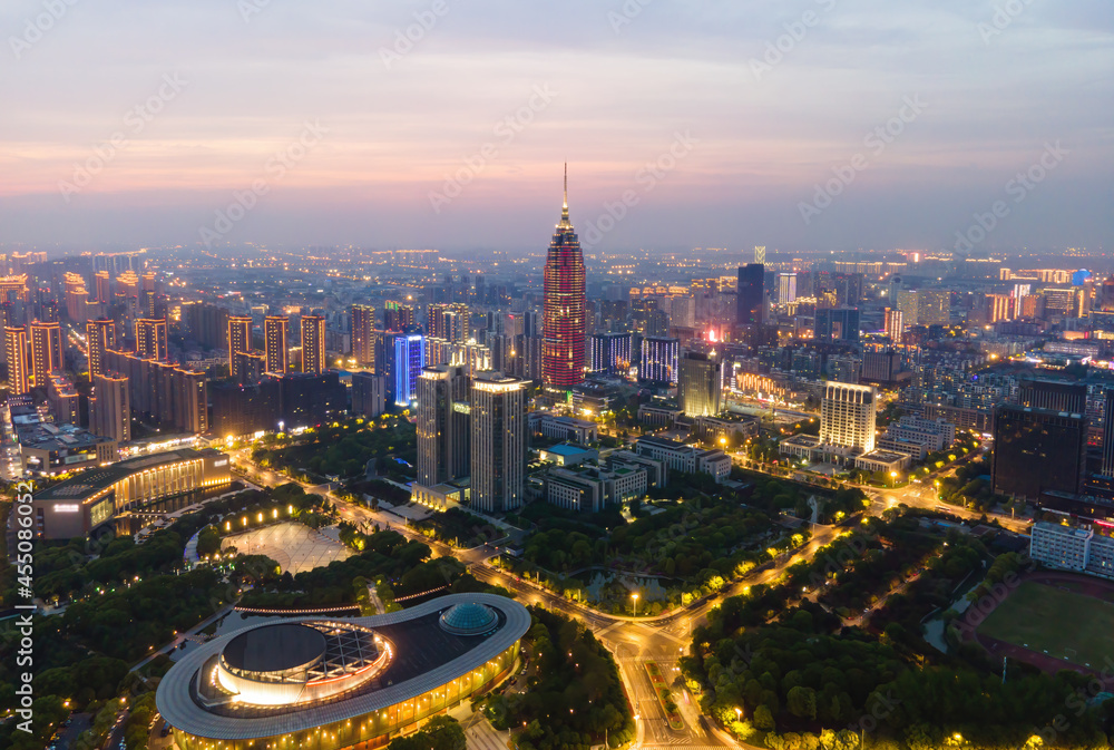 Aerial photography Changzhou city building skyline night view