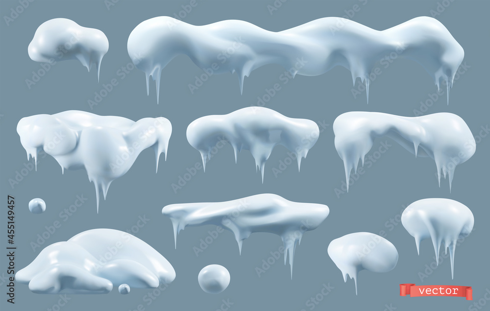 Snow 3d vector realistic set. Snowdrifts and icicles, winter decorations