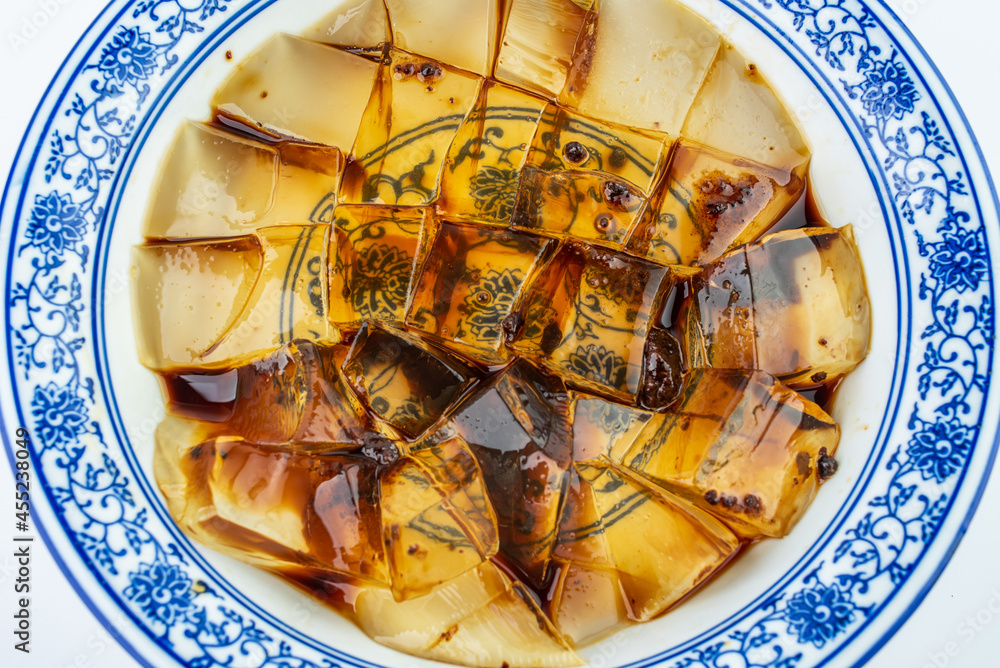 Ice jelly in a bowl on white background