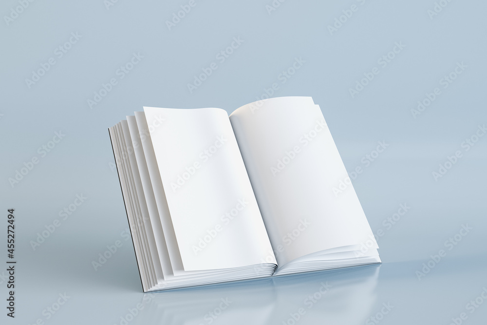 Close up of empty open book on grey background. Document and page concept. Mock up, 3D Rendering.