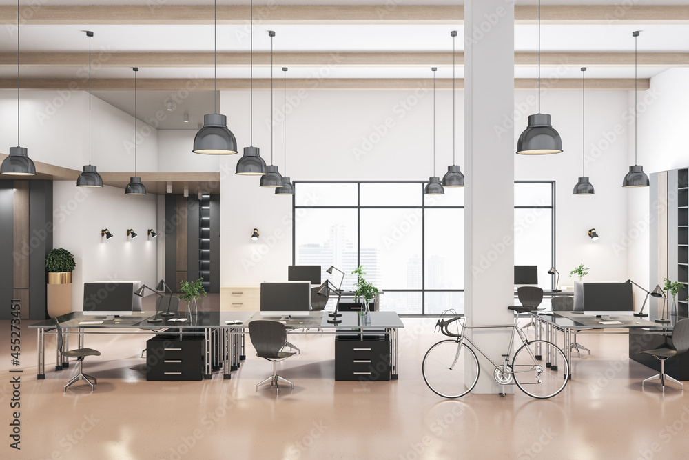 Modern coworking concrete office interior with city view and daylight. 3D Rendering.