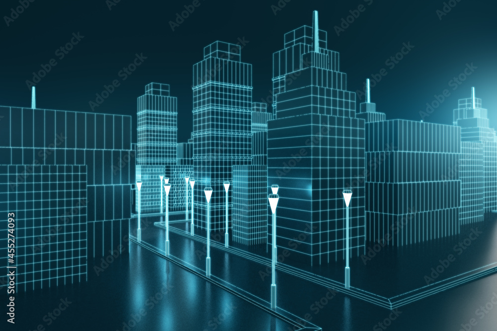 Creative graphic blue city backdrop. Building and downtown concept. 3D Rendering.