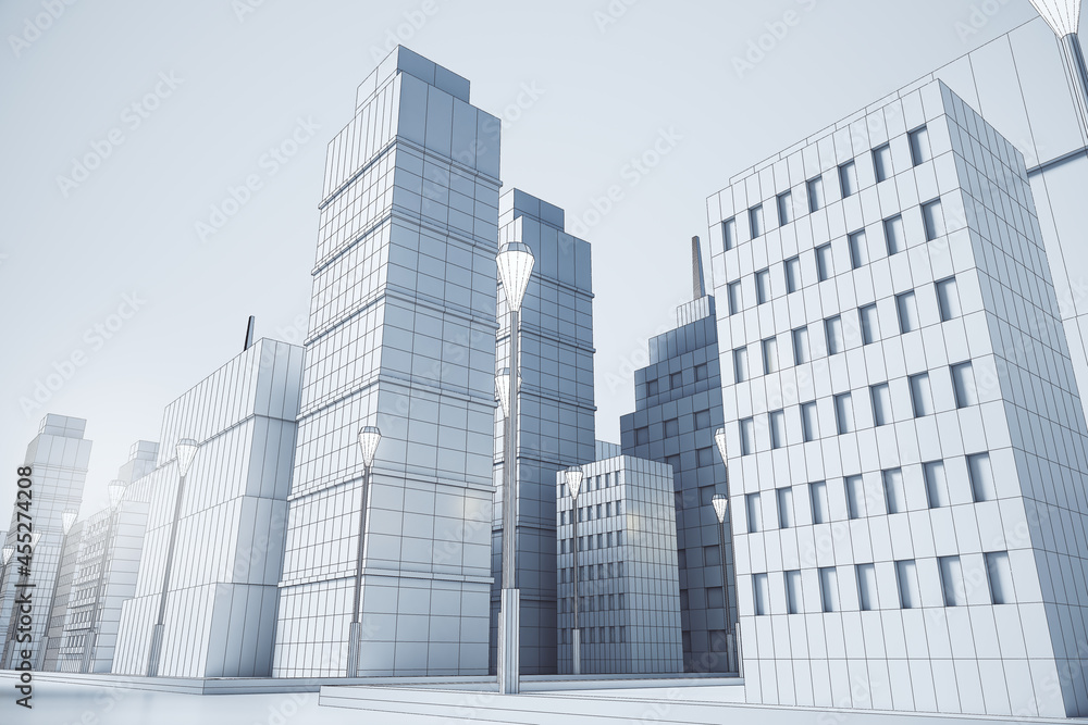 Creative graphic white city background. Building and downtown concept. 3D Rendering.