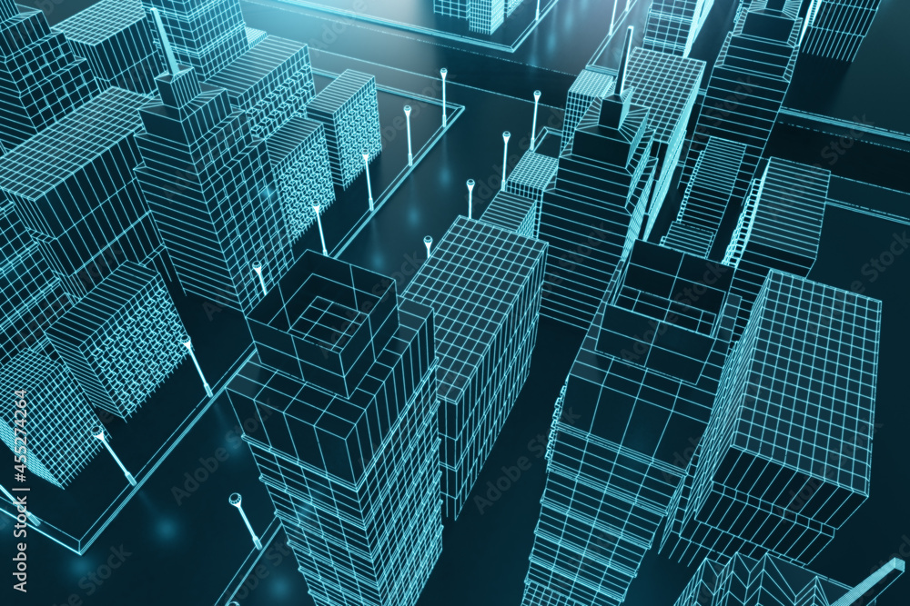 Abstract graphic blue city backdrop. Building and downtown concept. 3D Rendering.