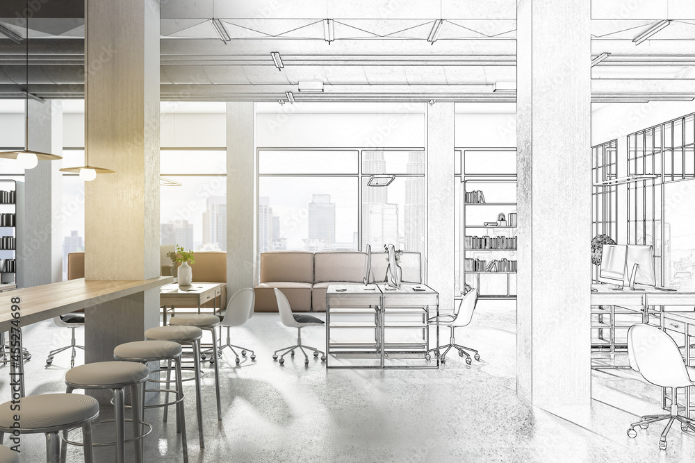 Sketch of creative modern coworking office interior with bright city view and concrete flooring. Des