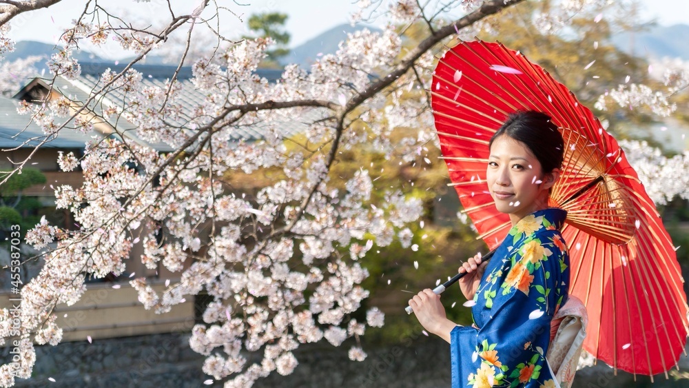 着物を着て花見をする女性