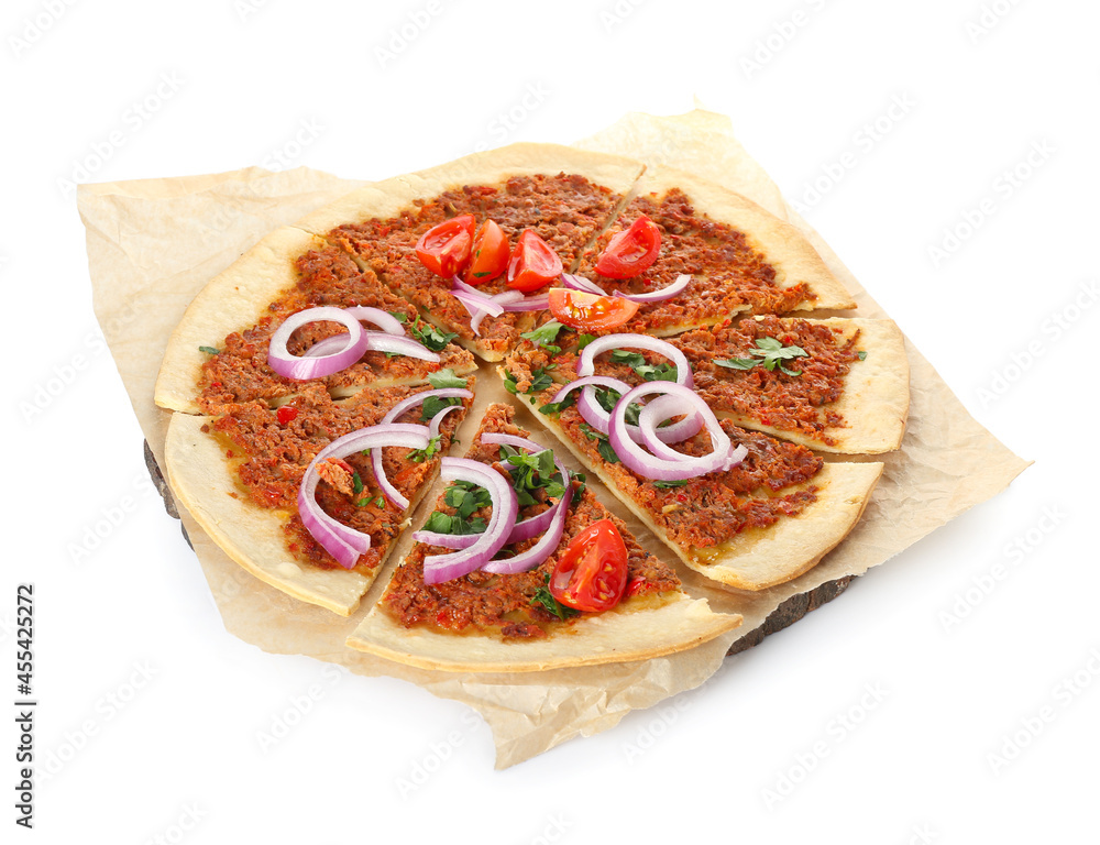 Delicious Turkish pizza on white background