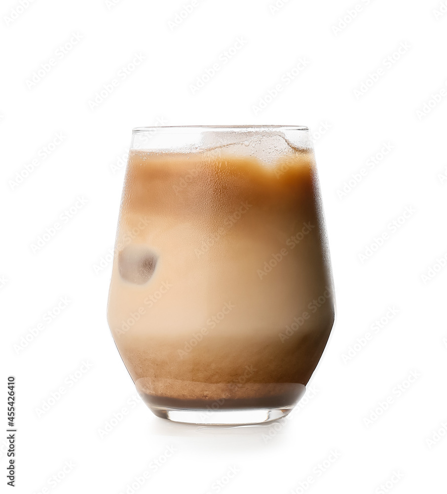 Glass of iced coffee with milk on white background