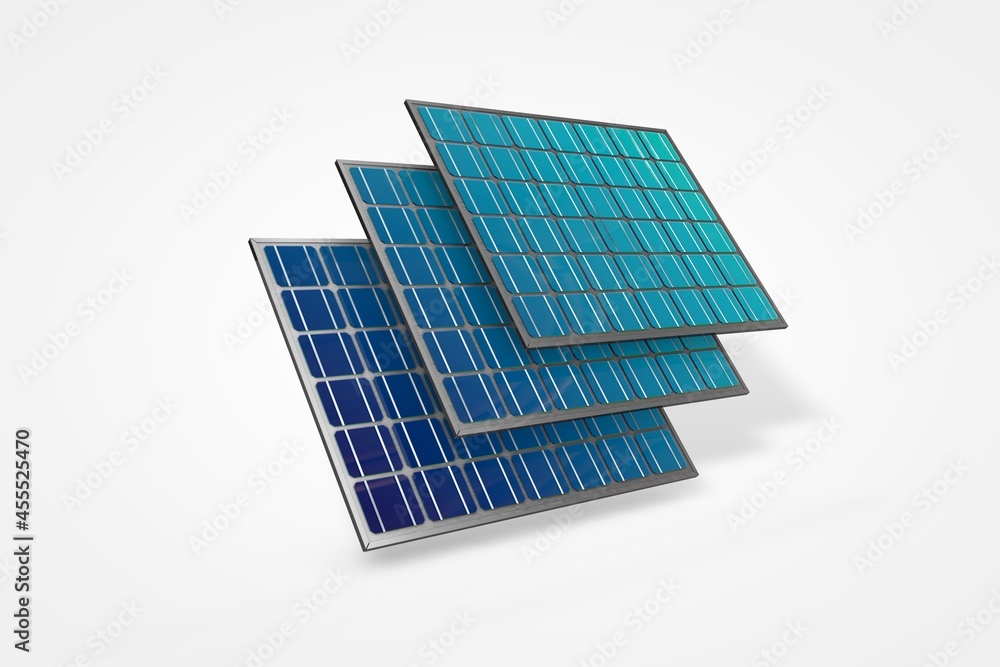 Photovoltaic solar panel on sky and white background, 3D illustration