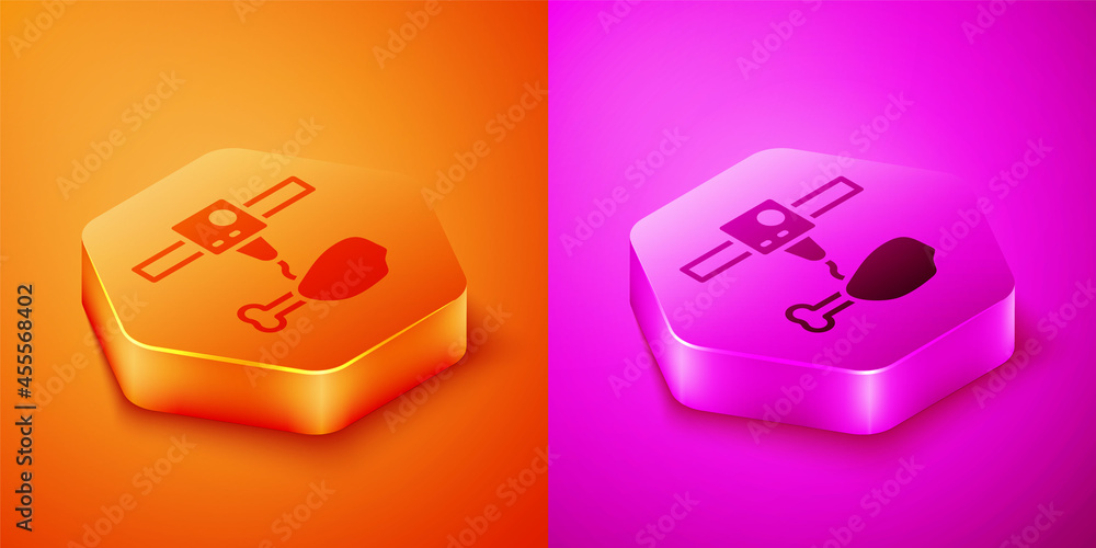 Isometric 3D printer chicken leg icon isolated on orange and pink background. 3d printing. Hexagon b