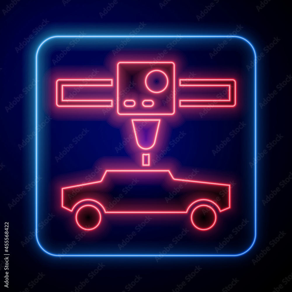 Glowing neon 3D printer car icon isolated on black background. 3d printing. Vector