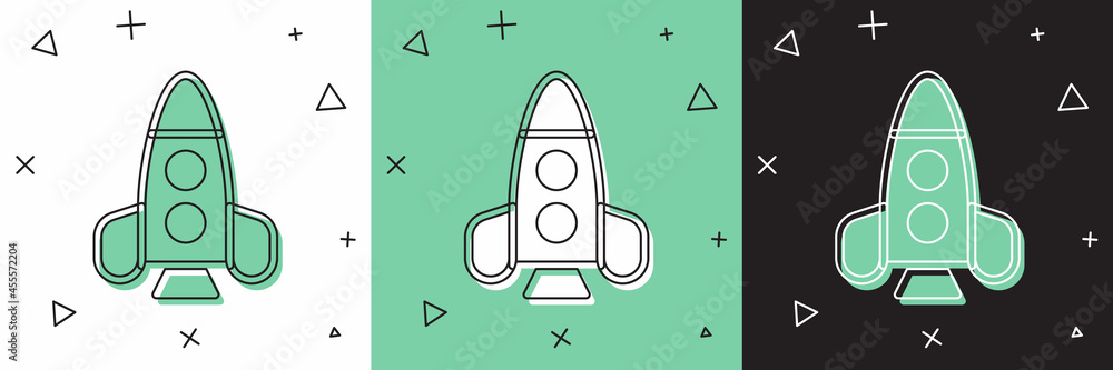 Set Rocket ship toy icon isolated on white and green, black background. Space travel. Vector