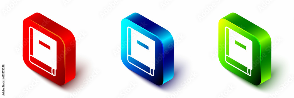 Isometric Science book icon isolated on white background. Red, blue and green square button. Vector