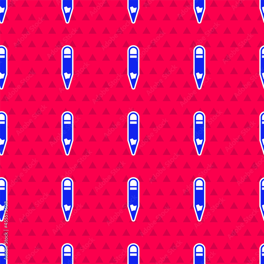 Blue Pencil icon isolated seamless pattern on red background. Drawing and educational tools. School 