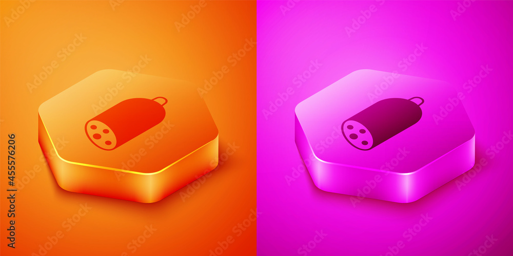 Isometric Salami sausage icon isolated on orange and pink background. Meat delicatessen product. Hex