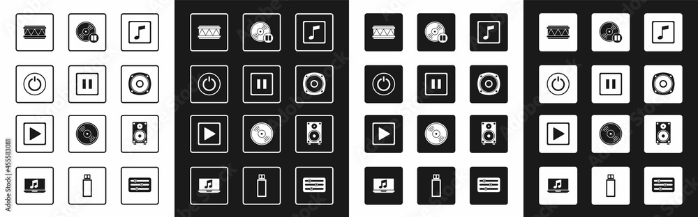 设置音乐音符、音调、暂停按钮、电源、鼓、立体声扬声器、乙烯基唱片和播放方块图标.V