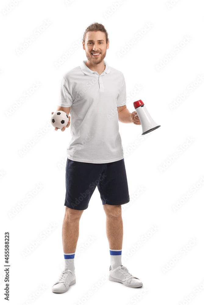 Sport fan with ball and megaphone on white background