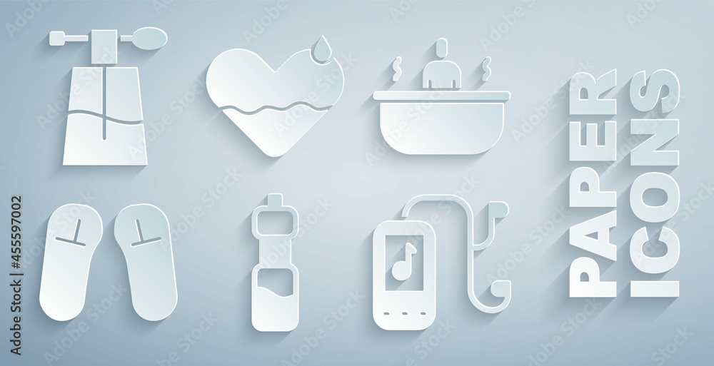 Set Bottle of water, Bathtub, Slipper, Music player, Heart heal and Perfume icon. Vector