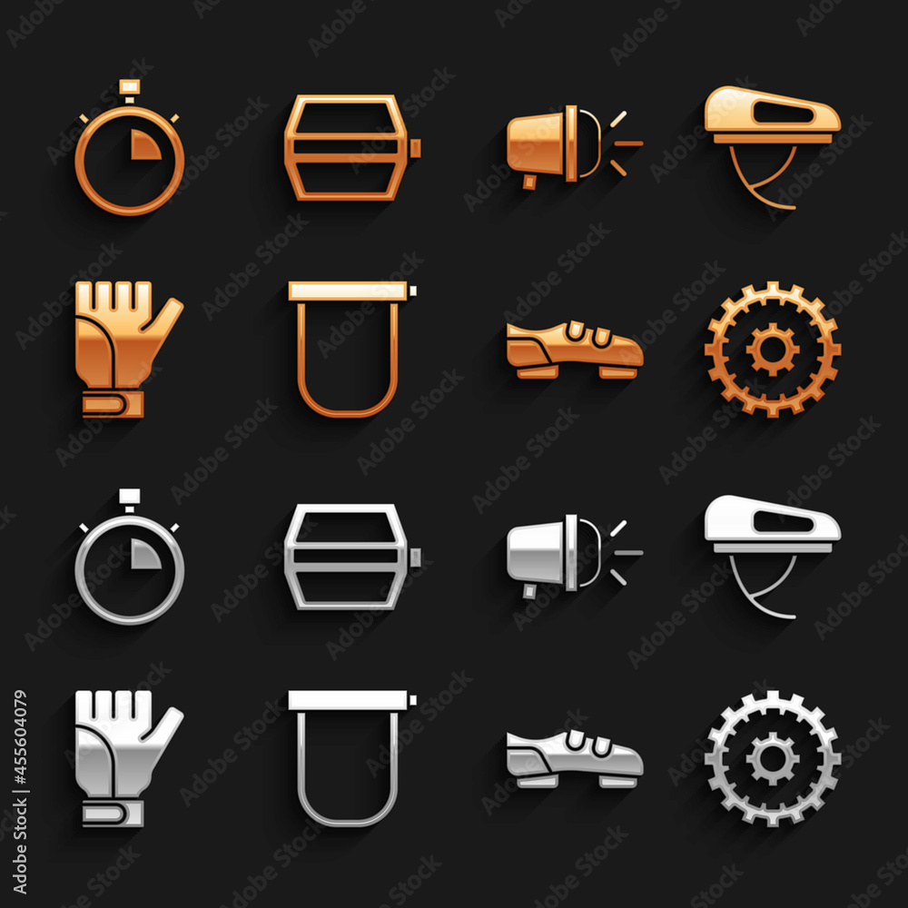 Set Bicycle lock, helmet, cassette, shoes, Gloves, head lamp, Stopwatch and pedal icon. Vector