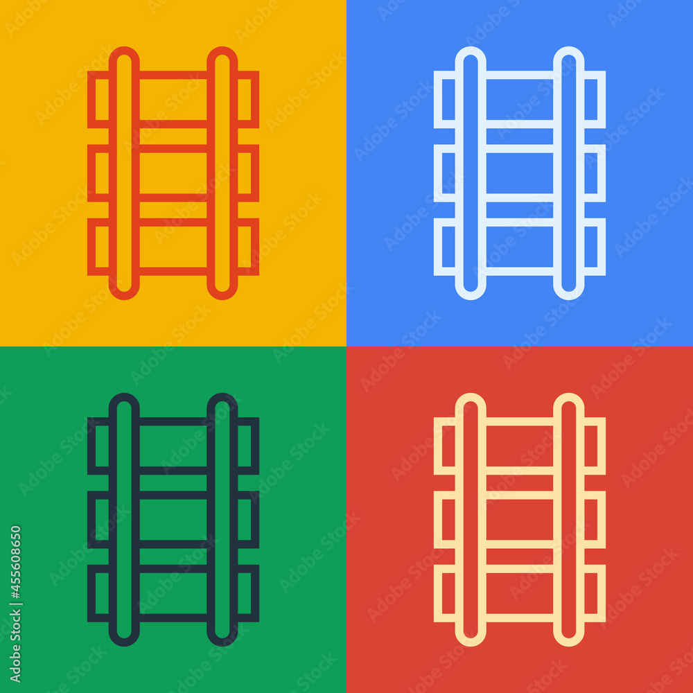 Pop art line Toy railway, railroad track icon isolated on color background. Vector