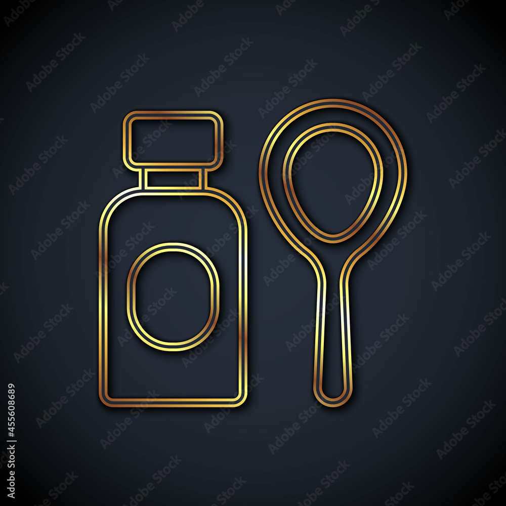 Gold line Soap bubbles bottle icon isolated on black background. Blowing bubbles soap wand bottle. V