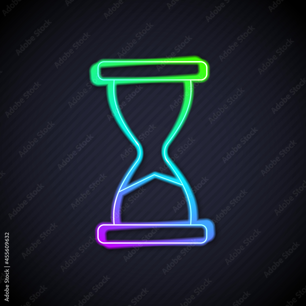 Glowing neon line Old hourglass with flowing sand icon isolated on black background. Sand clock sign