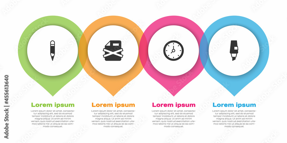 设置铅笔，删除文件文档，时钟和记号笔。商业信息图模板。矢量