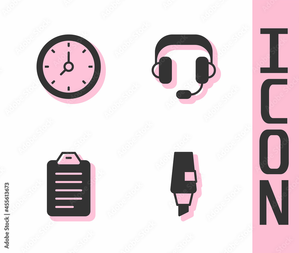 Set Marker pen, Clock, To do list or planning and Headphones icon. Vector