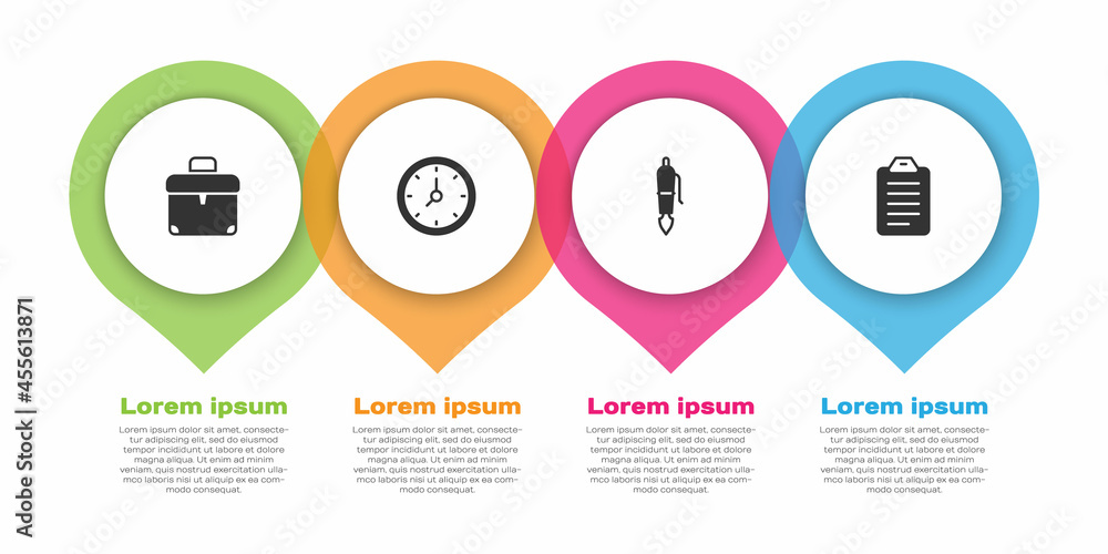 Set Briefcase, Clock, Fountain pen nib and To do list or planning. Business infographic template. Ve