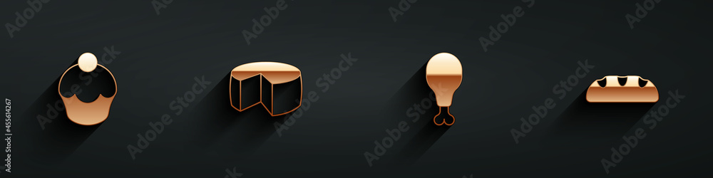 Set Muffin, Cheese, Chicken leg and Bread loaf icon with long shadow. Vector