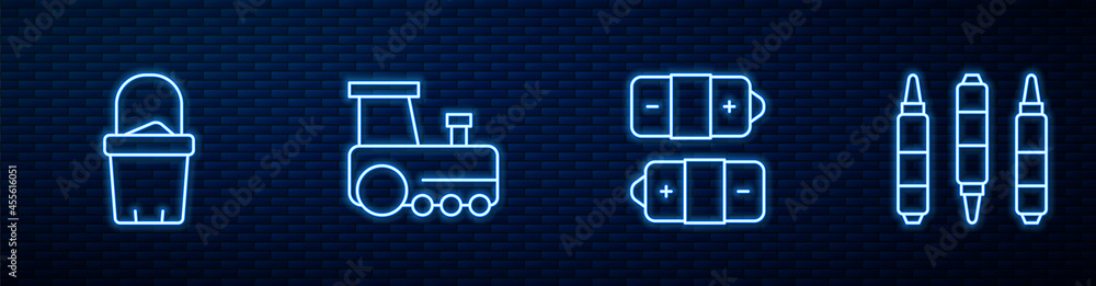 Set line Battery，Sand in bucket，Toy train and Marker pen。brick wall上闪闪发光的霓虹灯图标。Vector