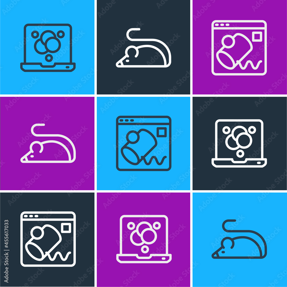 Set line Chemical formula, Data visualisation and Experimental mouse icon. Vector