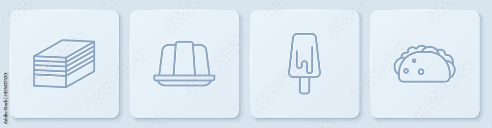 定线蛋糕、冰淇淋、果冻和墨西哥玉米饼。白色方形按钮。矢量