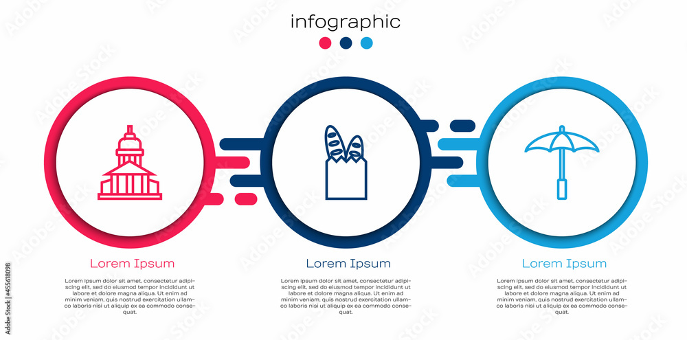 设置博物馆建筑、法式法棍面包和海滩雨伞。商业信息图模板