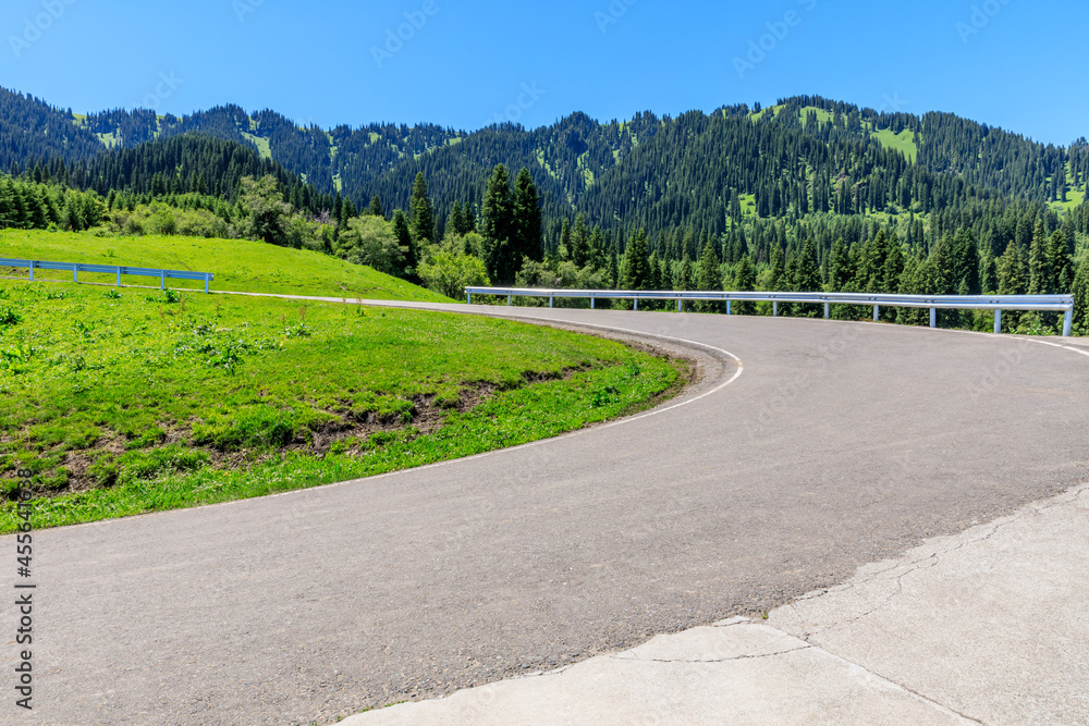 乡村公路和带山地自然景观的绿色森林。