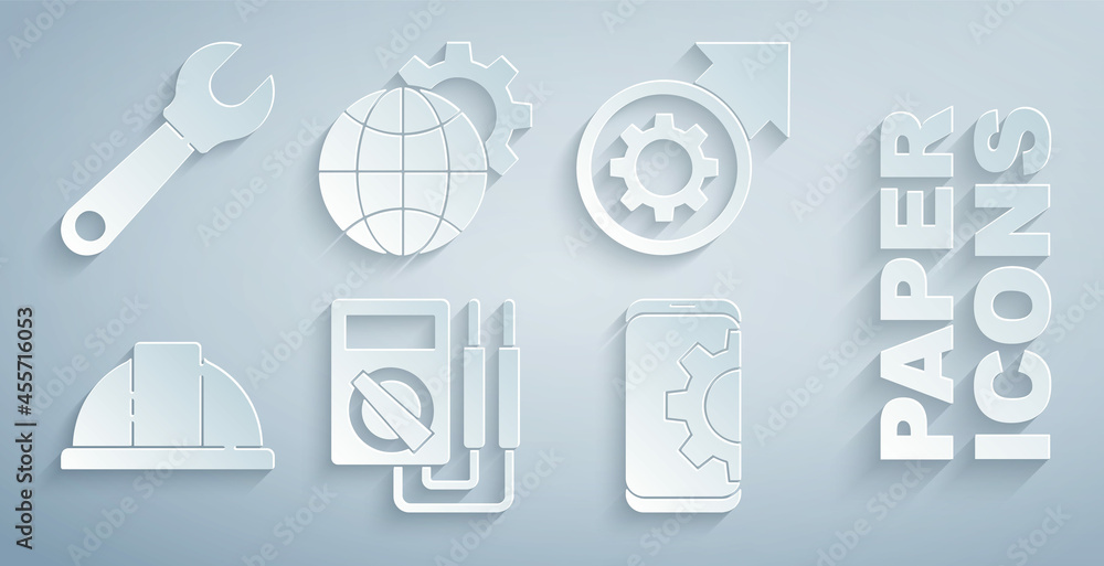 Set Multimeter, Gear and arrows as workflow process, Worker safety helmet, Setting on smartphone, Gl