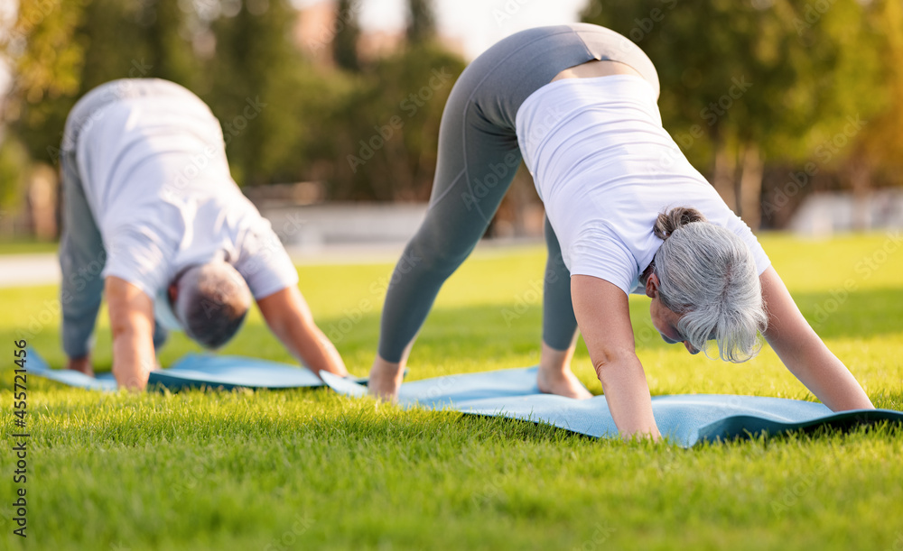 Elderly couple senior husband and wife practicing yoga outside standing in downward facing dog pose