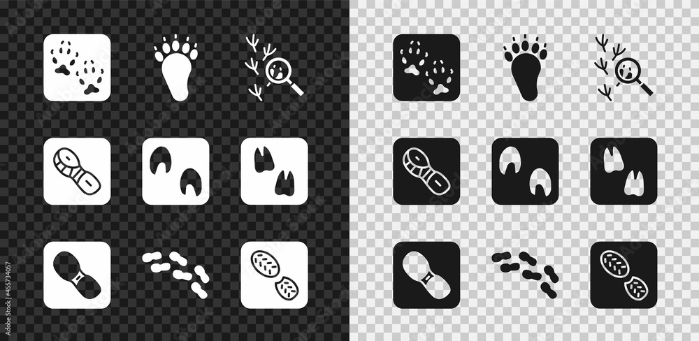设置狐狸爪足迹、熊、鸟、人类足迹鞋和马的图标。矢量