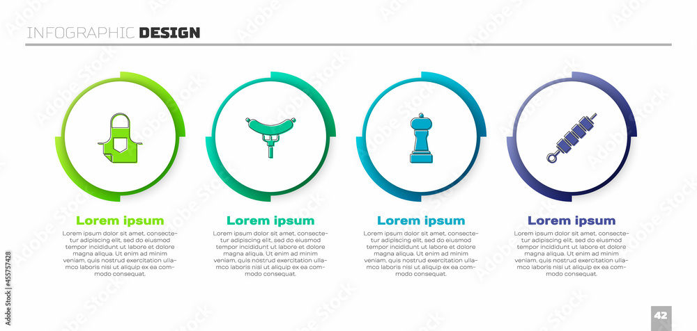 设置厨房围裙、叉子香肠、胡椒和烤羊肉串。商业信息图模板。