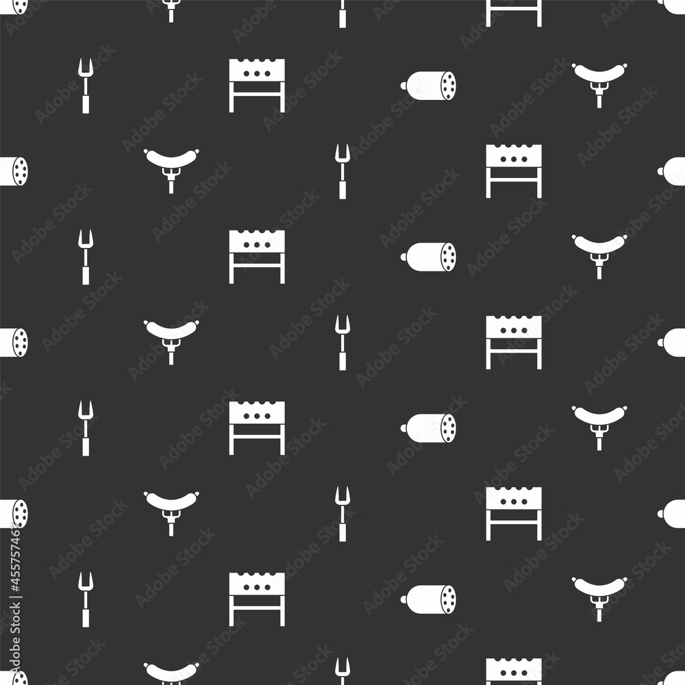 Set Salami sausage, Sausage on the fork, Barbecue and BBQ brazier on seamless pattern. Vector