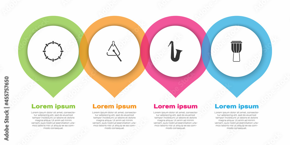 设置铃鼓、三角鼓、乐器萨克斯管和鼓。商业信息图模板。Vect