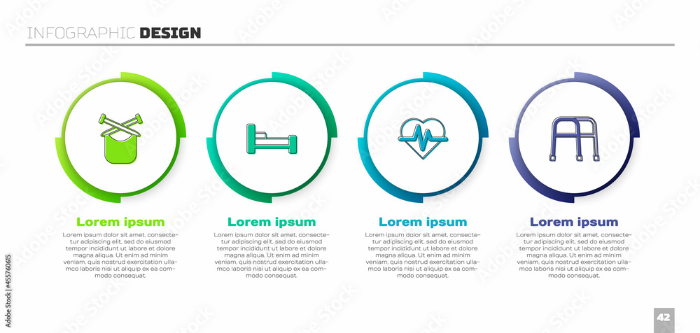 Set Knitting，Bed，Heart rate and Walker.Business infographic template.Vvector（设置针织、床、心率和助行器。商业信息图模板。矢