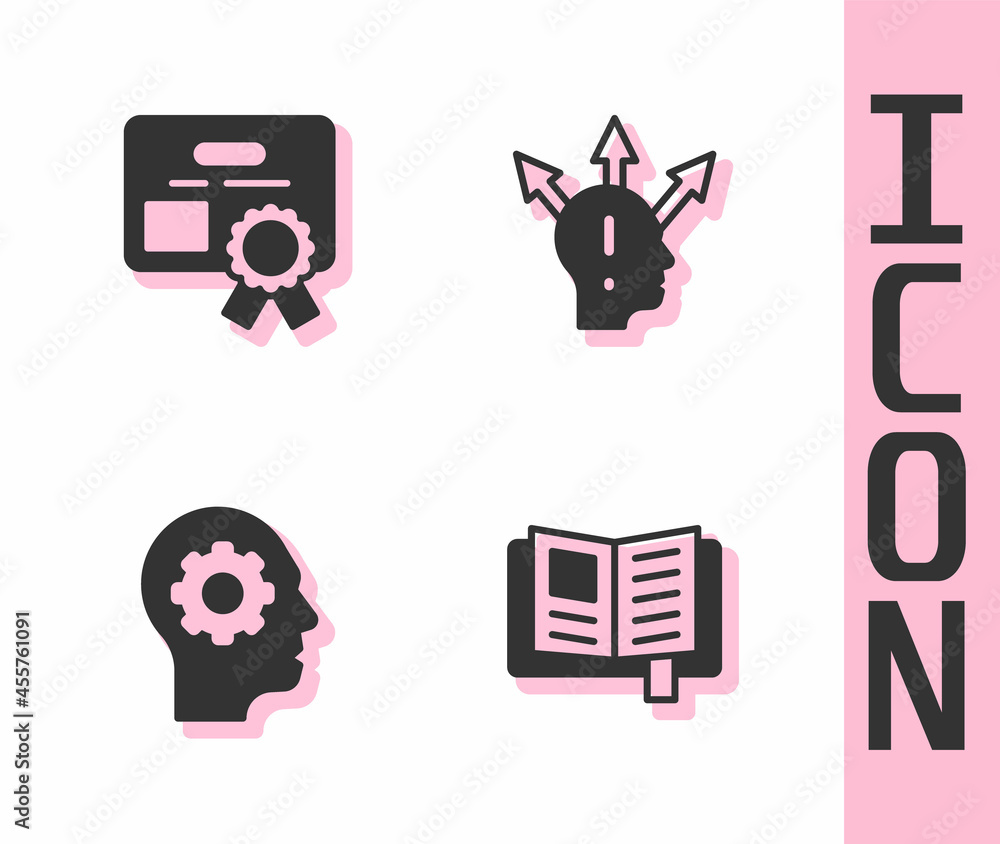 Set Reading book, Certificate template, Human head with gear inside and Project team base icon. Vect